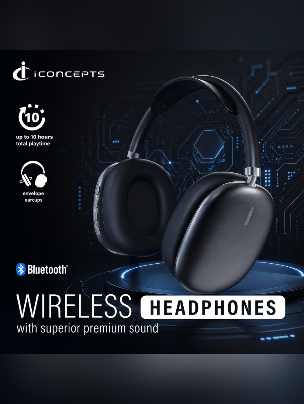 NWT I Concepts Black Wireless Bluetooth Headphones